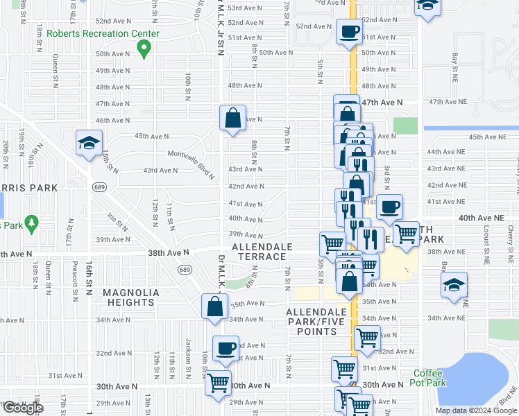 map of restaurants, bars, coffee shops, grocery stores, and more near 810 41st Avenue North in Saint Petersburg