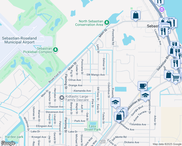 map of restaurants, bars, coffee shops, grocery stores, and more near 442 Southwest Mango Avenue in Sebastian