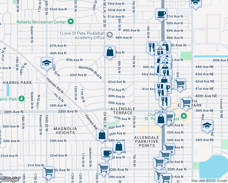 map of restaurants, bars, coffee shops, grocery stores, and more near 850 40th Avenue North in St. Petersburg
