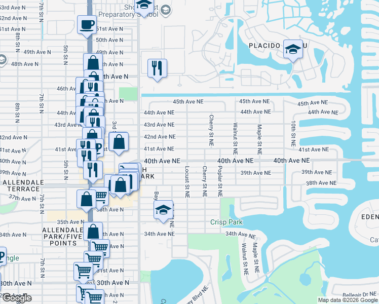map of restaurants, bars, coffee shops, grocery stores, and more near 4095 Locust Street Northeast in St. Petersburg