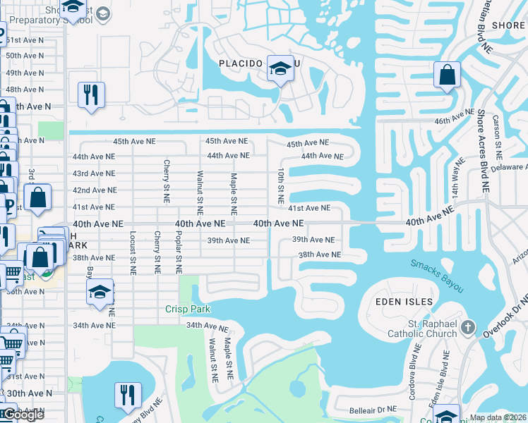 map of restaurants, bars, coffee shops, grocery stores, and more near 910 40th Avenue Northeast in St. Petersburg
