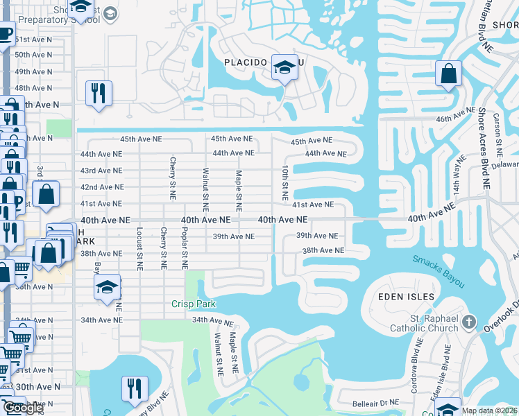 map of restaurants, bars, coffee shops, grocery stores, and more near 910 40th Avenue Northeast in St. Petersburg