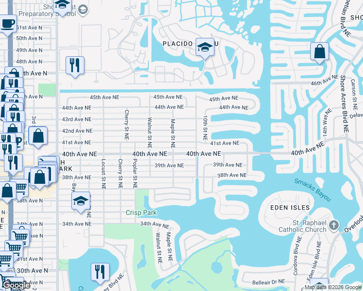 map of restaurants, bars, coffee shops, grocery stores, and more near 910 40th Avenue Northeast in St. Petersburg