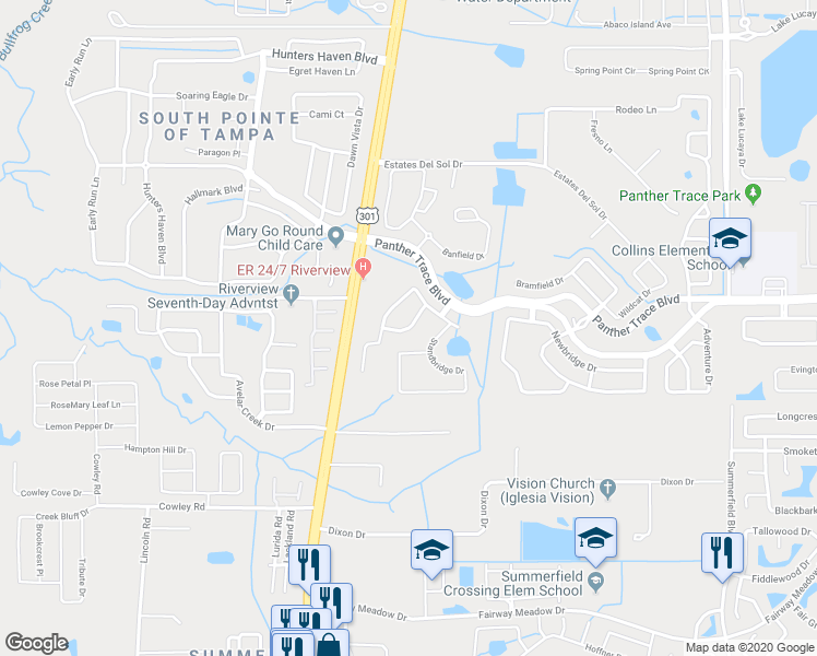 map of restaurants, bars, coffee shops, grocery stores, and more near 12616 Montford Lane in Riverview
