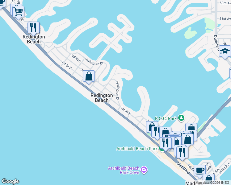 map of restaurants, bars, coffee shops, grocery stores, and more near 15805 Redington Drive in Redington Beach