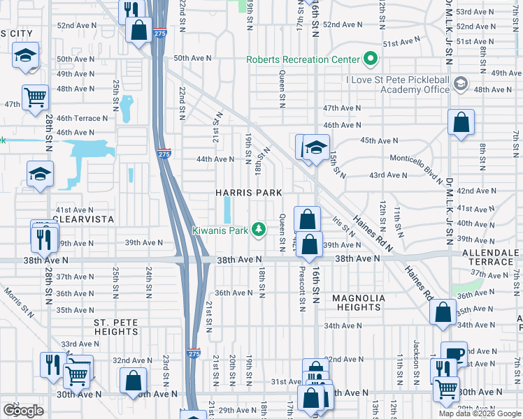 map of restaurants, bars, coffee shops, grocery stores, and more near 4100 18th Street North in St. Petersburg