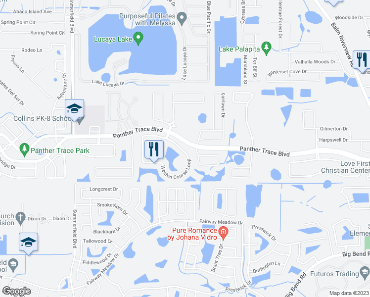 map of restaurants, bars, coffee shops, grocery stores, and more near 11571 Weston Course Loop in Riverview