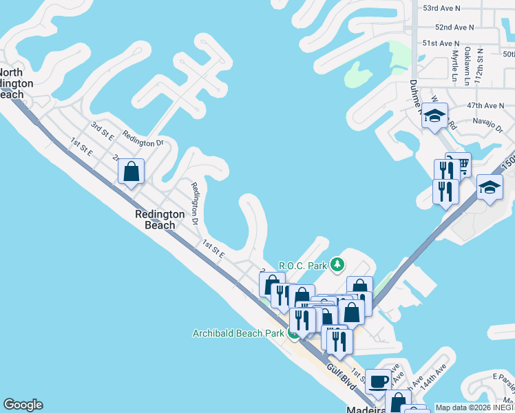 map of restaurants, bars, coffee shops, grocery stores, and more near 15533 Redington Drive in Redington Beach