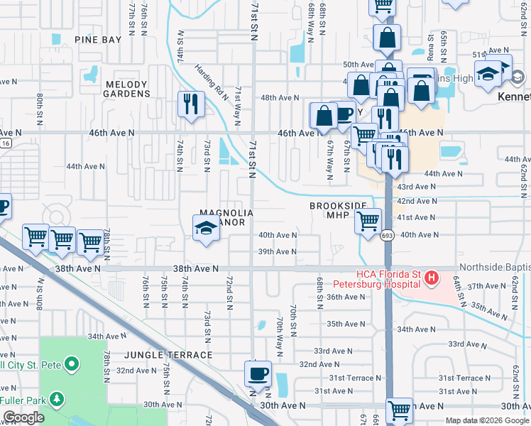 map of restaurants, bars, coffee shops, grocery stores, and more near 6999 41st Terrace North in St. Petersburg