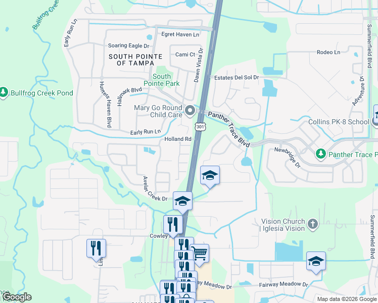 map of restaurants, bars, coffee shops, grocery stores, and more near 10430 Red Carpet Court in Riverview