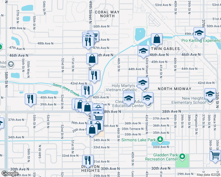 map of restaurants, bars, coffee shops, grocery stores, and more near 4610 42nd Avenue North in St. Petersburg