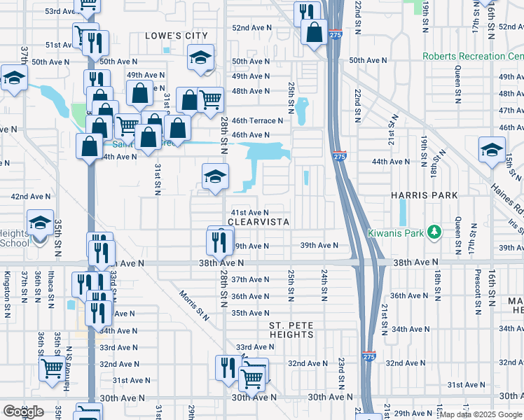 map of restaurants, bars, coffee shops, grocery stores, and more near 4101 26th Street North in Saint Petersburg