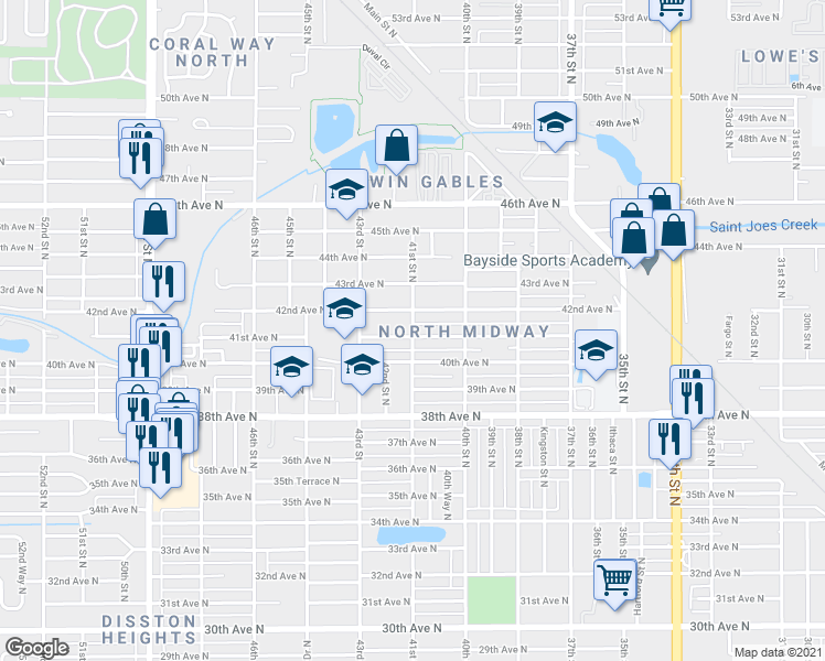 map of restaurants, bars, coffee shops, grocery stores, and more near 4100 41st Street North in Saint Petersburg