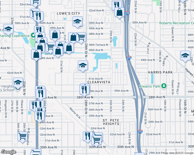 map of restaurants, bars, coffee shops, grocery stores, and more near 2611 41st Avenue North in St. Petersburg