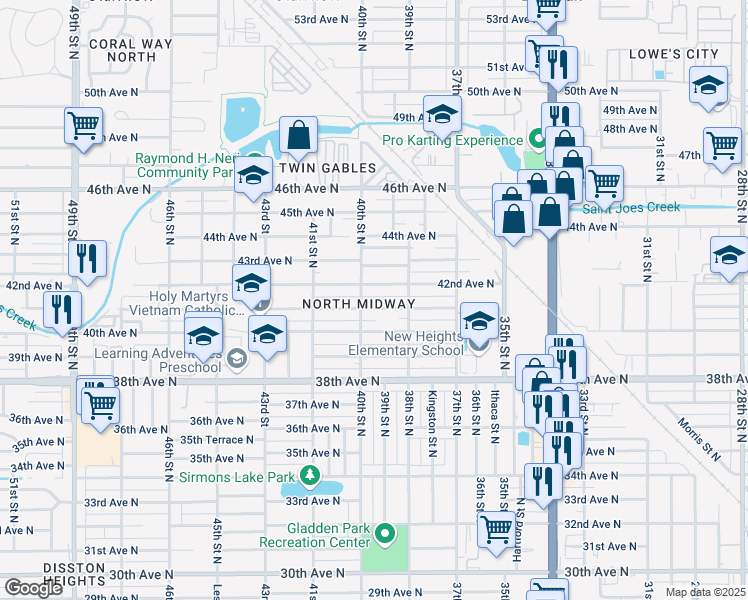 map of restaurants, bars, coffee shops, grocery stores, and more near 4179 40th Street North in St. Petersburg