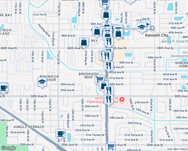 map of restaurants, bars, coffee shops, grocery stores, and more near 4150 66th Street North in St. Petersburg