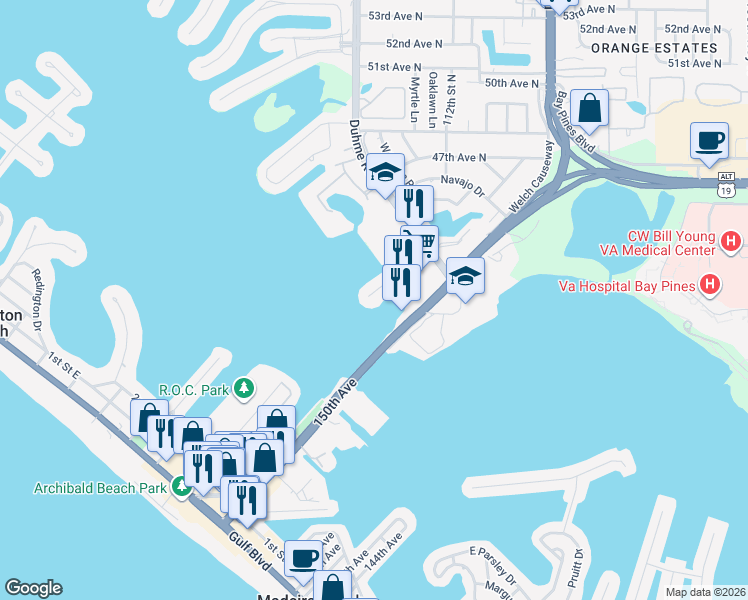 map of restaurants, bars, coffee shops, grocery stores, and more near 601 American Legion Drive in Madeira Beach