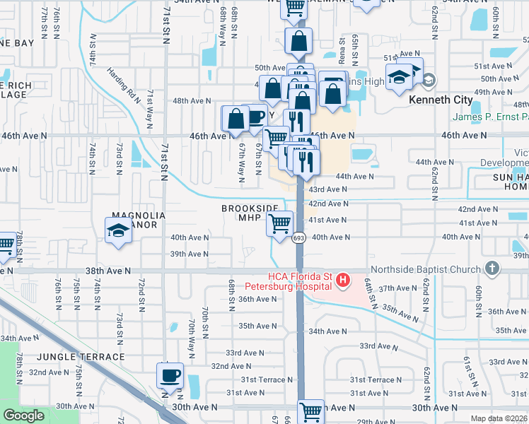 map of restaurants, bars, coffee shops, grocery stores, and more near 4150 66th Street North in St. Petersburg