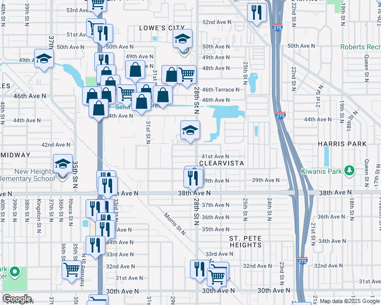 map of restaurants, bars, coffee shops, grocery stores, and more near 2814 42nd Avenue North in St. Petersburg