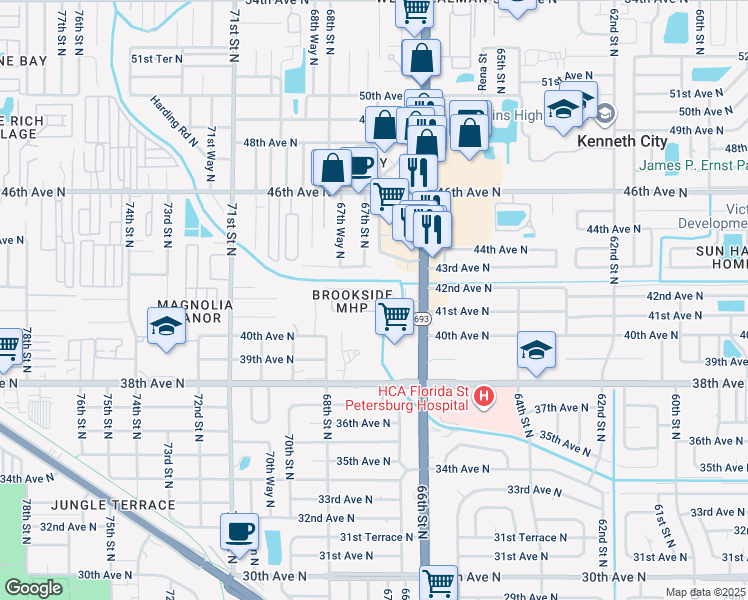 map of restaurants, bars, coffee shops, grocery stores, and more near 4150 66th Street North in St. Petersburg