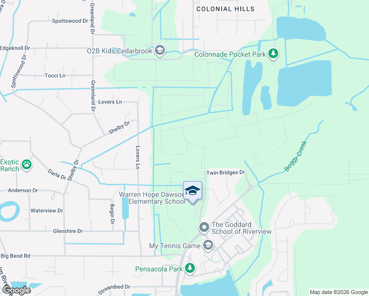 map of restaurants, bars, coffee shops, grocery stores, and more near 12708 Lovers Lane in Riverview