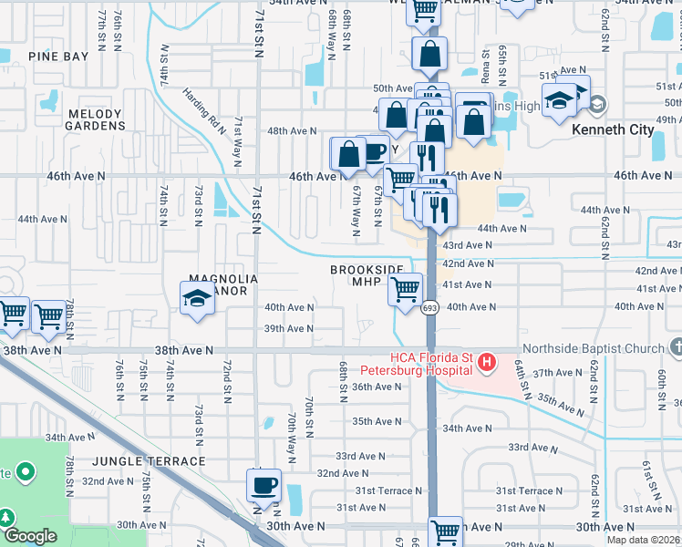 map of restaurants, bars, coffee shops, grocery stores, and more near 4155 68th Street North in St. Petersburg