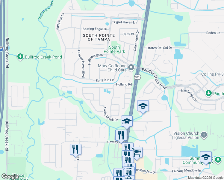 map of restaurants, bars, coffee shops, grocery stores, and more near 10314 Holland Road in Riverview