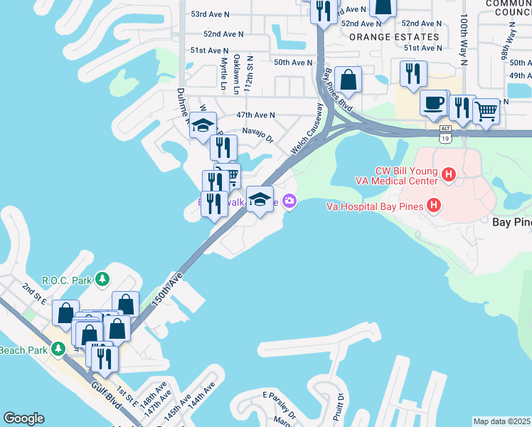 map of restaurants, bars, coffee shops, grocery stores, and more near 591 Tom Stuart Causeway in Redington Shores