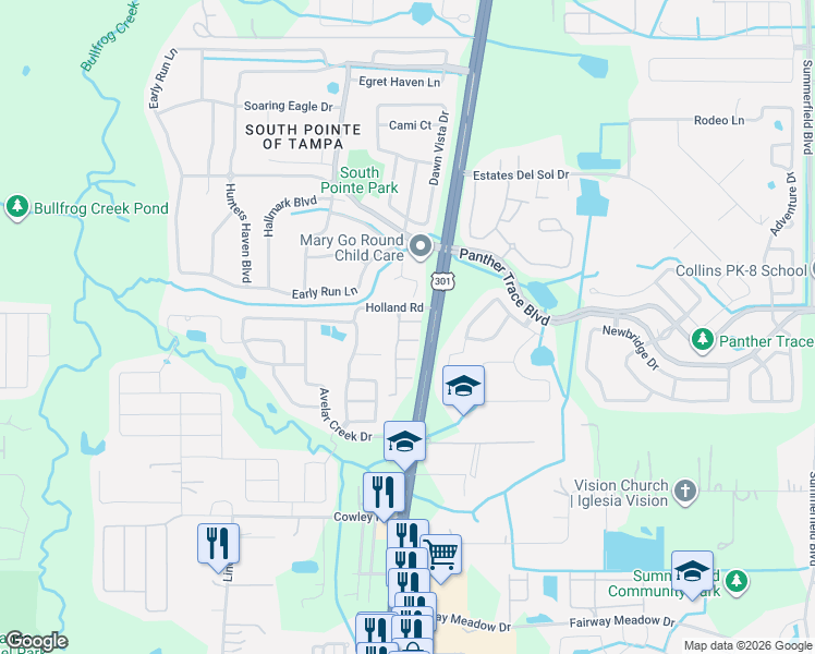 map of restaurants, bars, coffee shops, grocery stores, and more near 12611 Lexington Ridge Street in Riverview