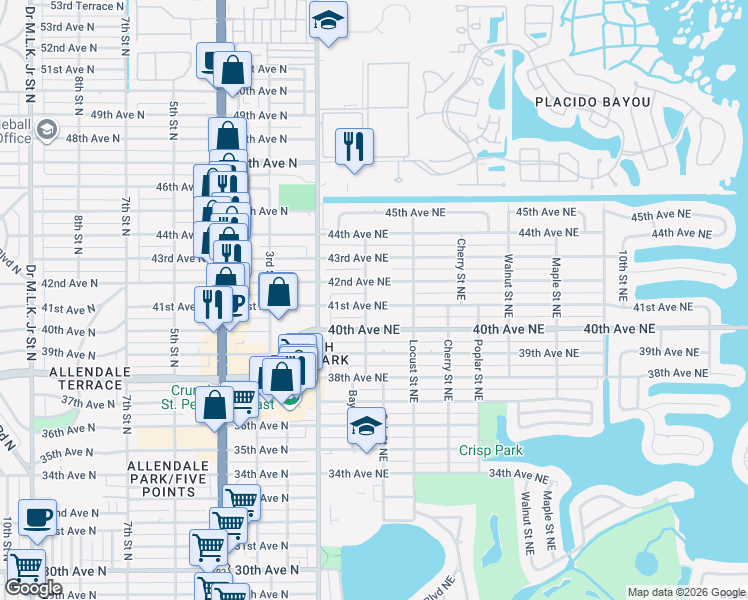 map of restaurants, bars, coffee shops, grocery stores, and more near 209 41st Avenue Northeast in St. Petersburg