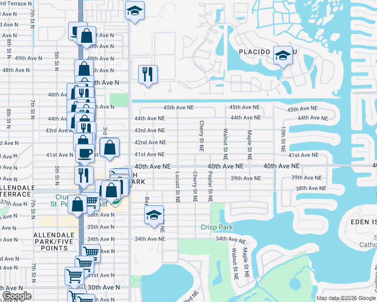 map of restaurants, bars, coffee shops, grocery stores, and more near 465 41st Avenue Northeast in Saint Petersburg