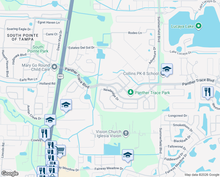 map of restaurants, bars, coffee shops, grocery stores, and more near 10904 Newbridge Drive in Riverview