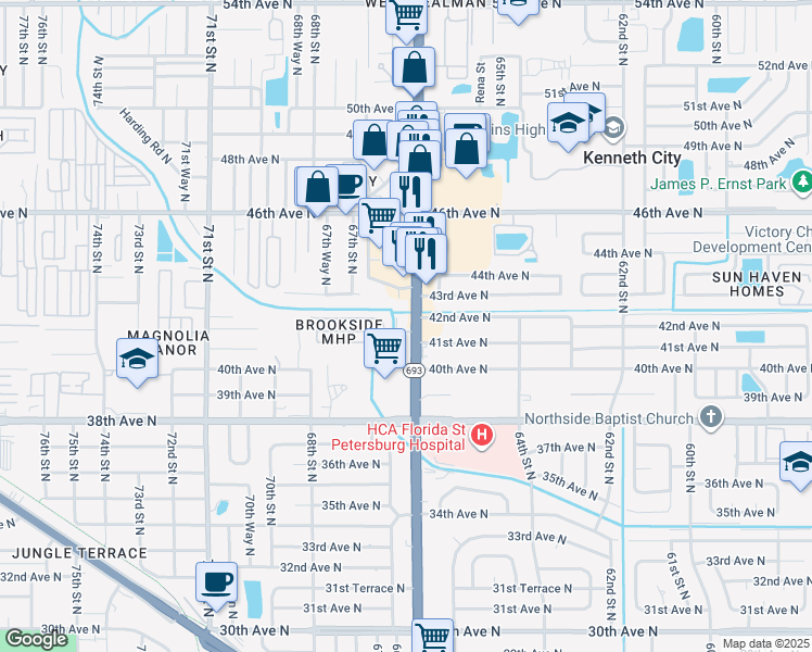 map of restaurants, bars, coffee shops, grocery stores, and more near 4150 Florida 693 in St. Petersburg
