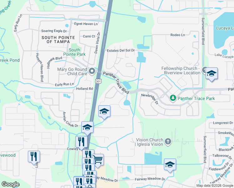 map of restaurants, bars, coffee shops, grocery stores, and more near 12604 Montford Lane in Riverview