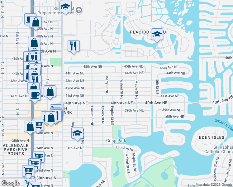 map of restaurants, bars, coffee shops, grocery stores, and more near 590 42nd Avenue Northeast in St. Petersburg