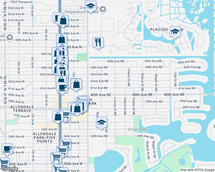 map of restaurants, bars, coffee shops, grocery stores, and more near 208 42nd Avenue North in St. Petersburg