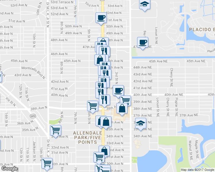 map of restaurants, bars, coffee shops, grocery stores, and more near 4125 4th Street North in St. Petersburg