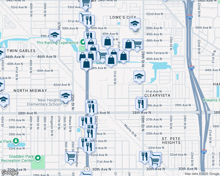 map of restaurants, bars, coffee shops, grocery stores, and more near 4177 31st Street North in St. Petersburg