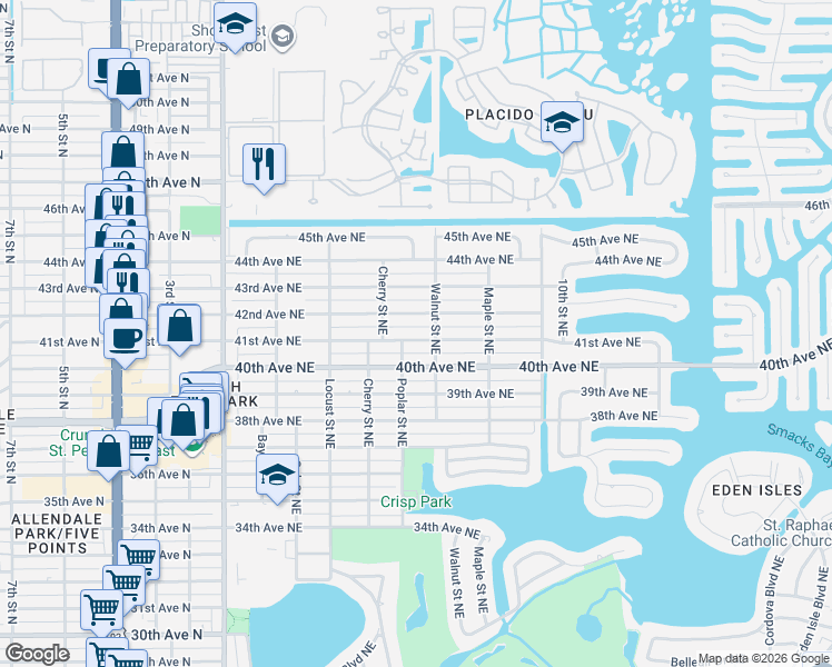 map of restaurants, bars, coffee shops, grocery stores, and more near 590 42nd Avenue Northeast in St. Petersburg