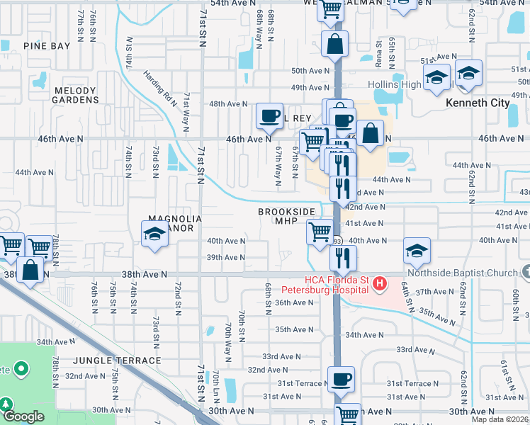 map of restaurants, bars, coffee shops, grocery stores, and more near 4155 68th Street North in St. Petersburg