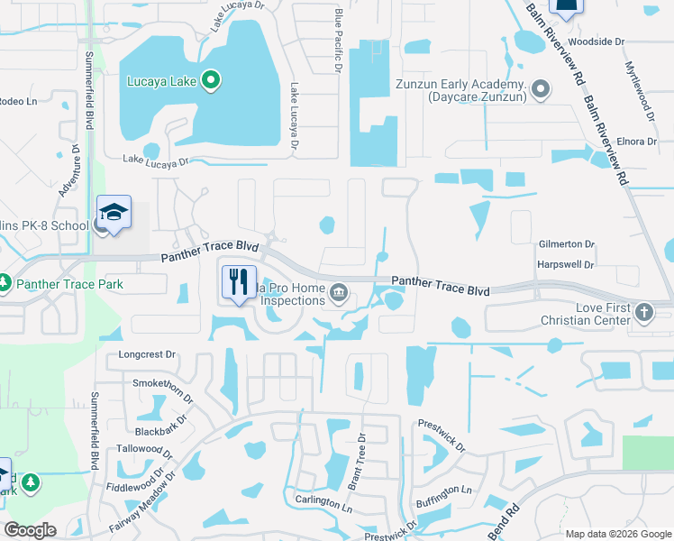 map of restaurants, bars, coffee shops, grocery stores, and more near 12423 Fairlawn Drive in Riverview