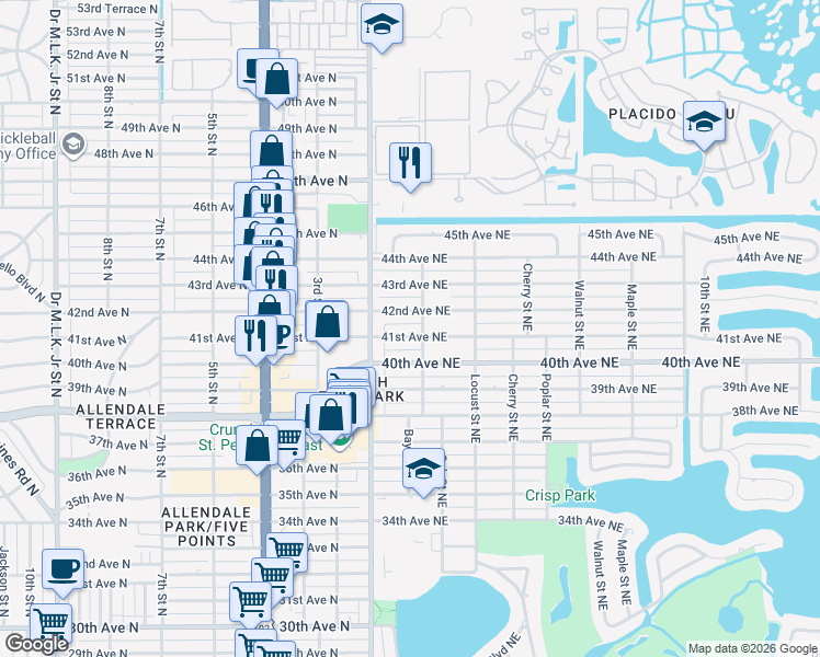 map of restaurants, bars, coffee shops, grocery stores, and more near 157 41st Avenue Northeast in Saint Petersburg