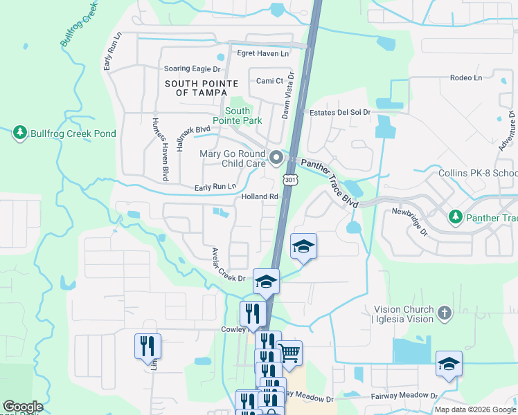 map of restaurants, bars, coffee shops, grocery stores, and more near 12611 Lexington Ridge Street in Riverview