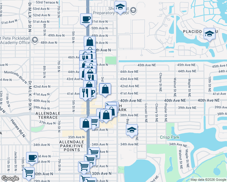 map of restaurants, bars, coffee shops, grocery stores, and more near 120 42nd Avenue North in St. Petersburg