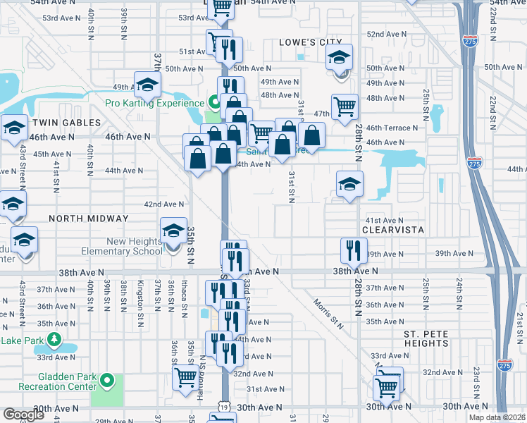 map of restaurants, bars, coffee shops, grocery stores, and more near 4141 Fargo Street North in St. Petersburg
