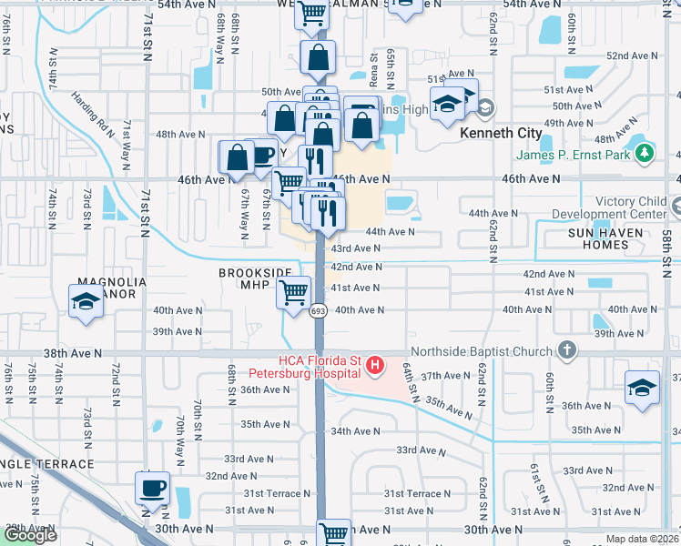 map of restaurants, bars, coffee shops, grocery stores, and more near 4175 66th Street North in St. Petersburg