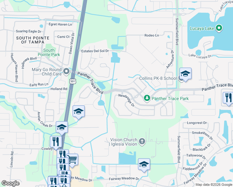 map of restaurants, bars, coffee shops, grocery stores, and more near 10874 Newbridge Drive in Riverview