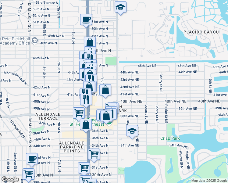 map of restaurants, bars, coffee shops, grocery stores, and more near 131 41st Avenue North in Saint Petersburg