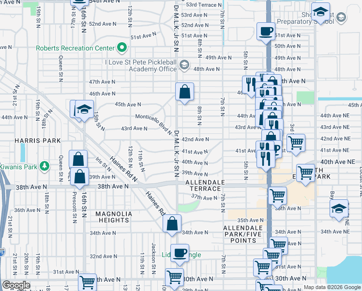 map of restaurants, bars, coffee shops, grocery stores, and more near 915 41st Avenue North in St. Petersburg