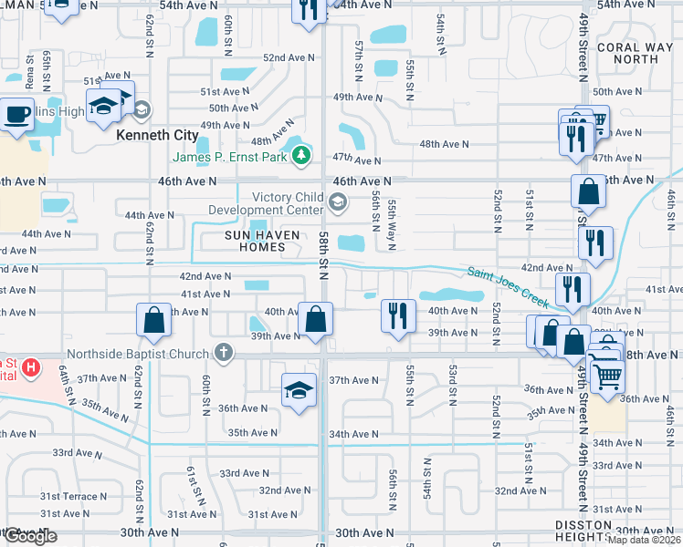 map of restaurants, bars, coffee shops, grocery stores, and more near 4154 57th Street North in Kenneth City